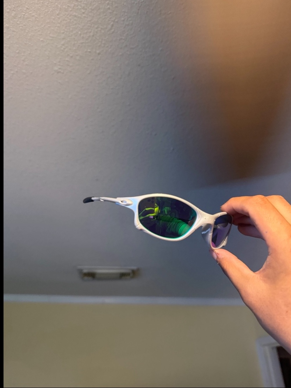 White Frame Sunglasses with Green Mirrored Lenses Oakleys